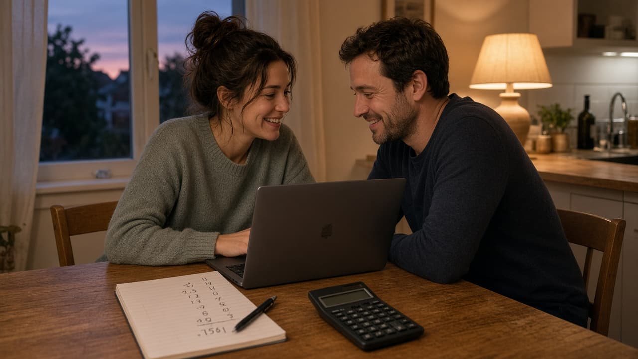 A couple at a kitchen table comparing moving costs on a laptop with a calculator